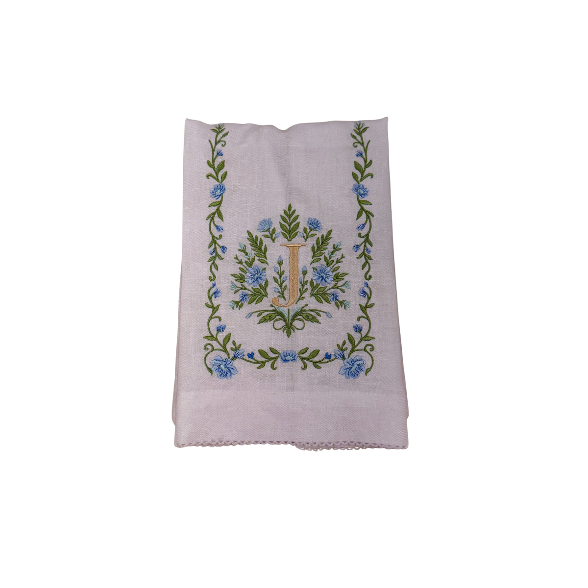 Floral Embroidered Monogram Linen Towel - Blue