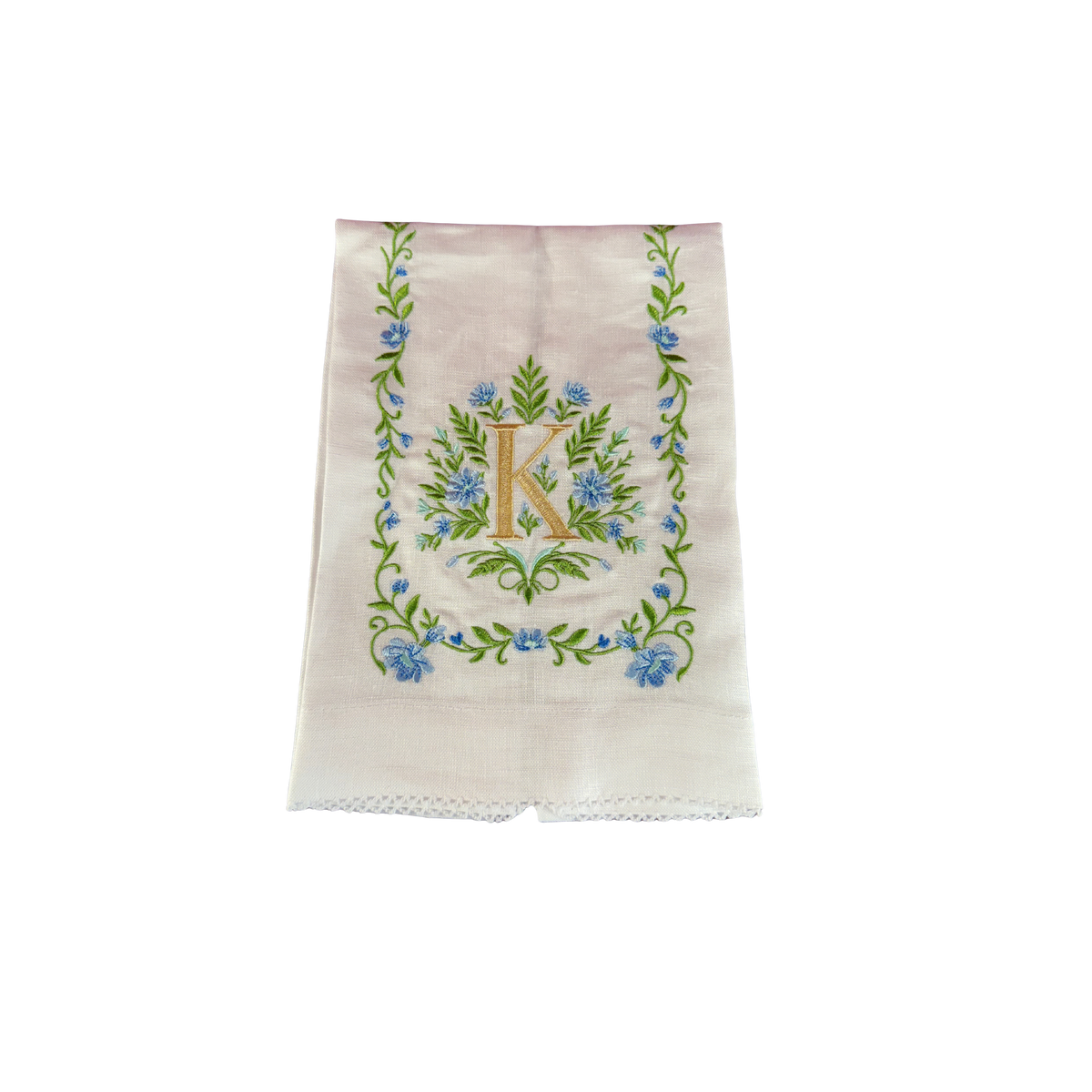 Floral Embroidered Monogram Linen Towel - Blue