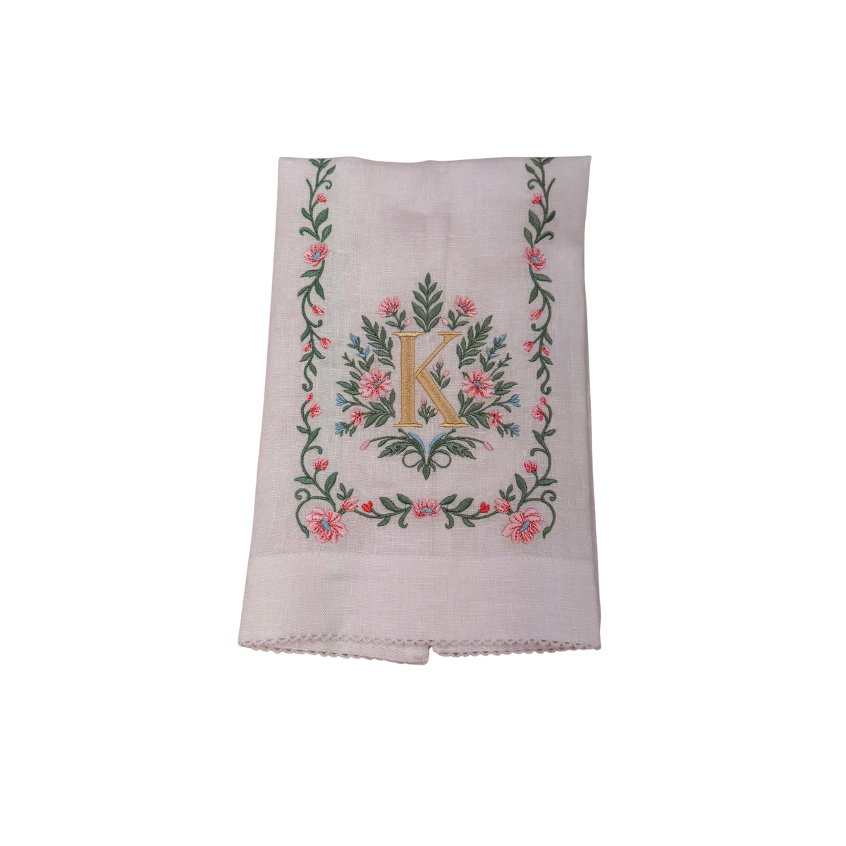 Floral Embroidered Monogram Linen Towel - Pink