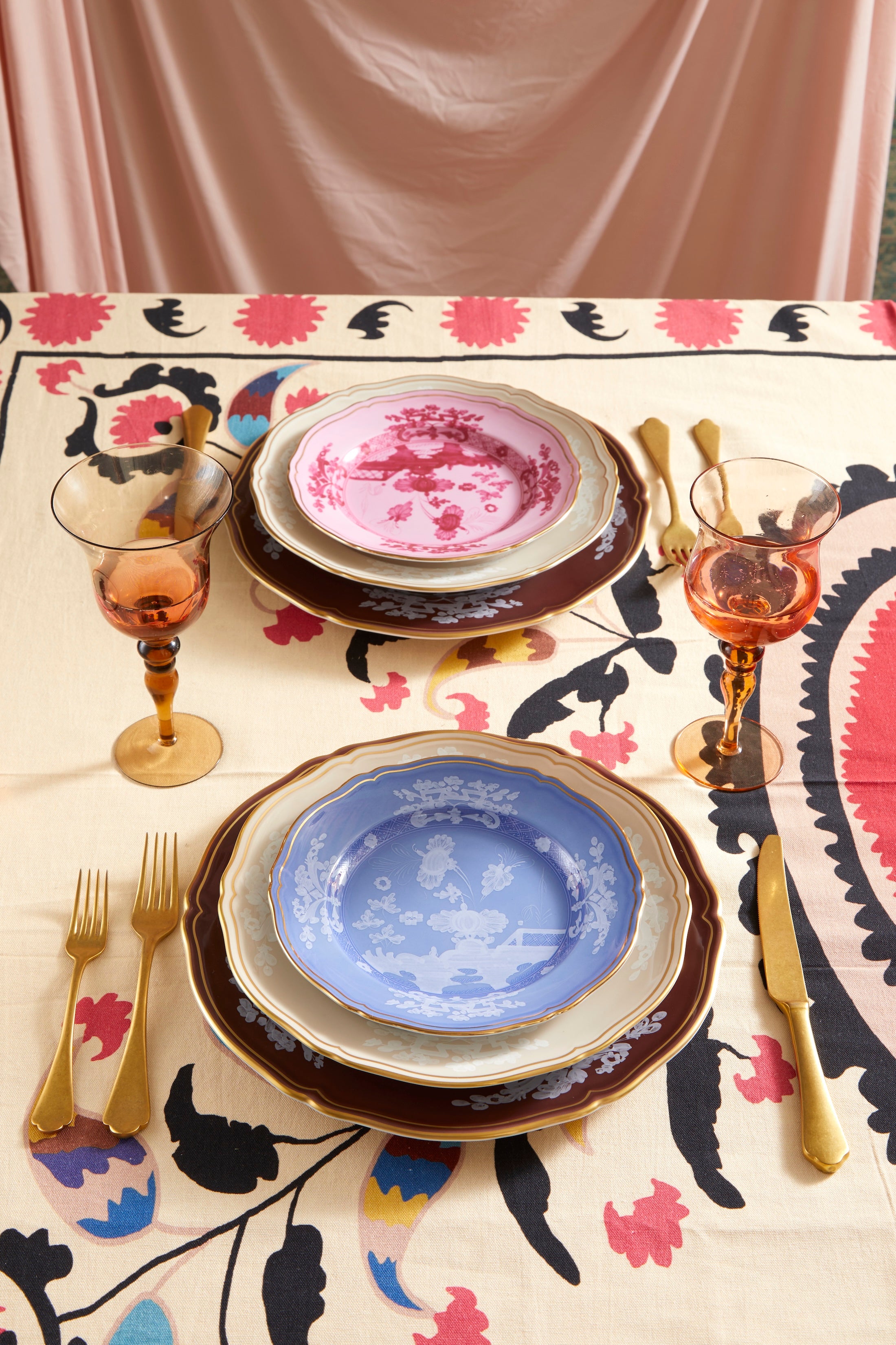 Ginori Plates on a beautiful Les Ottomans Tablecloth designed by hosted by kelly gaudreau 