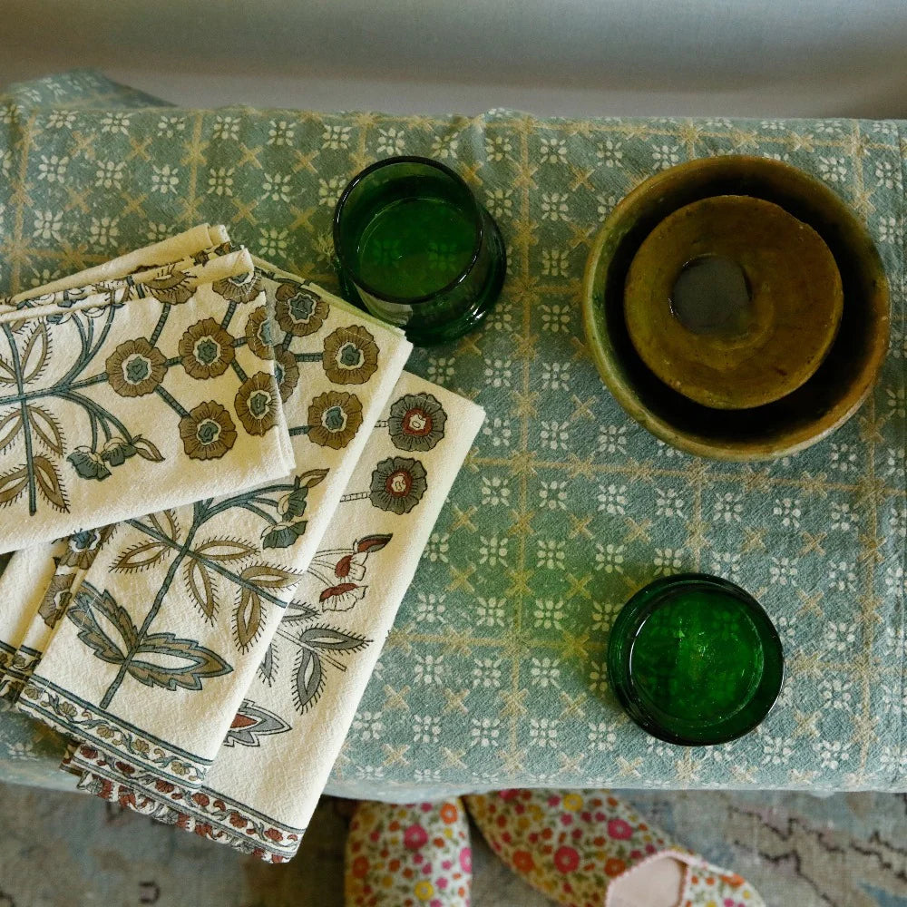 Khadi Cotton Napkin in Lynette Teal, hand block printed on luxurious Khadi cotton. Measures 18"W x 18"L. Care instructions: cold hand wash with mild soap and line dry. A beautiful and elegant addition to any dining table.