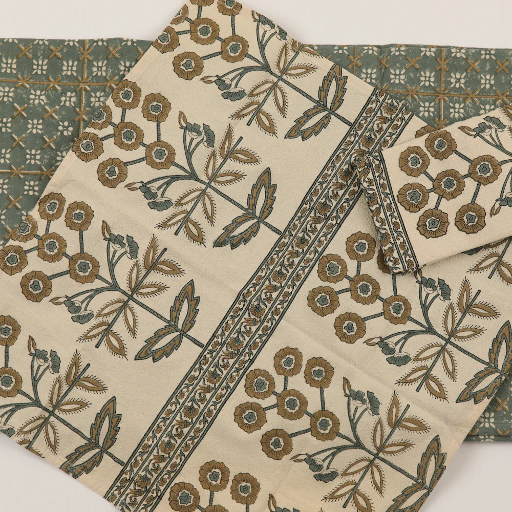 Khadi Cotton Napkin in Lynette Teal, hand block printed on luxurious Khadi cotton. Measures 18"W x 18"L. Care instructions: cold hand wash with mild soap and line dry. A beautiful and elegant addition to any dining table.