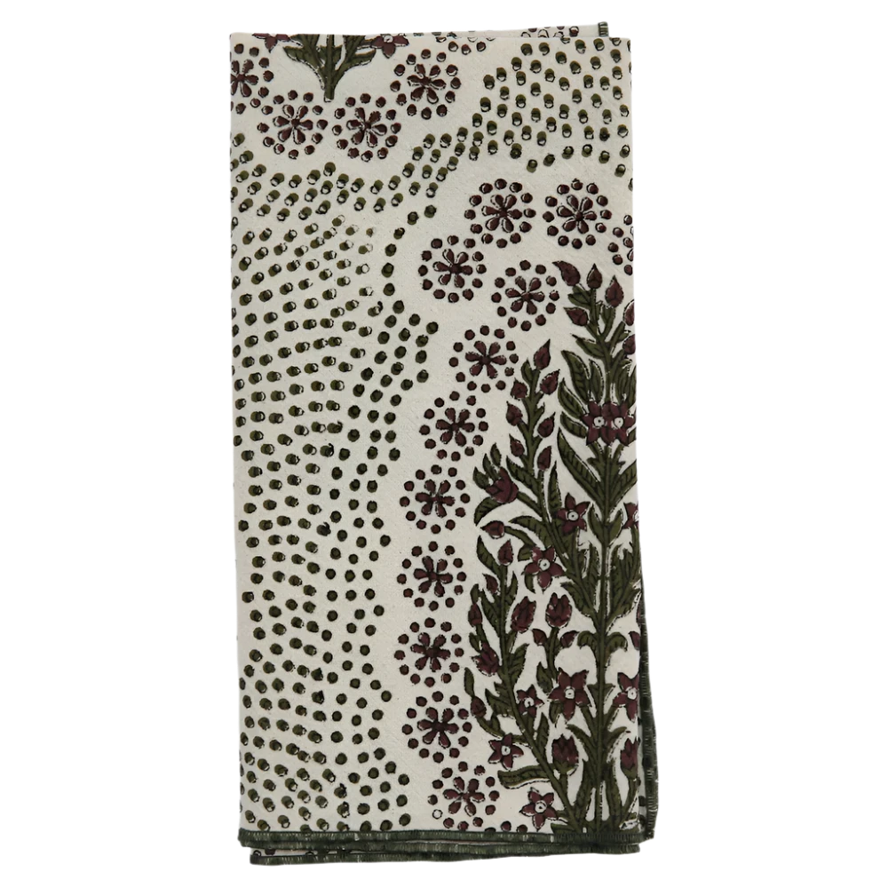 Khadi Cotton Napkin in Winfleur Olive, hand block printed on luxurious Khadi cotton. Measures 18"W x 18"L. Easy care instructions: cold hand wash with mild soap and line dry. A beautiful addition to any dining experience.