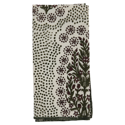 Khadi Cotton Napkin in Winfleur Olive, hand block printed on luxurious Khadi cotton. Measures 18"W x 18"L. Easy care instructions: cold hand wash with mild soap and line dry. A beautiful addition to any dining experience.