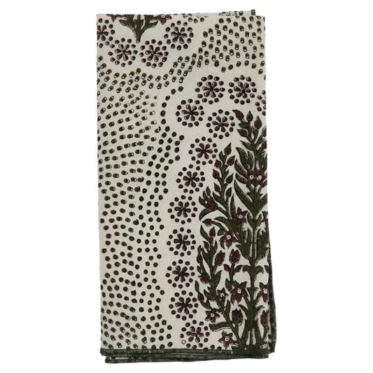 Khadi Cotton Napkin in Winfleur Olive, hand block printed on luxurious Khadi cotton. Measures 18"W x 18"L. Easy care instructions: cold hand wash with mild soap and line dry. A beautiful addition to any dining experience.