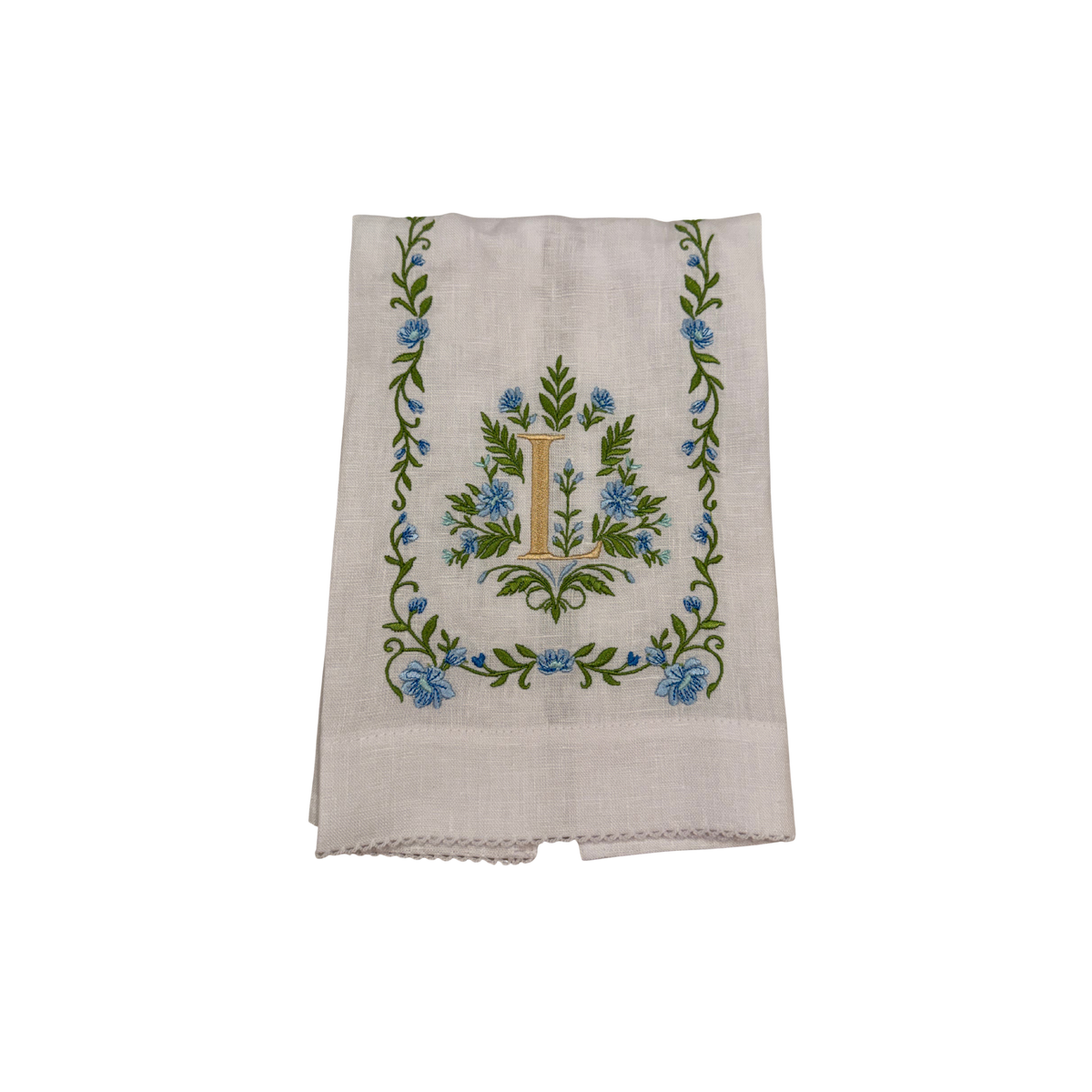 Floral Embroidered Monogram Linen Towel - Blue