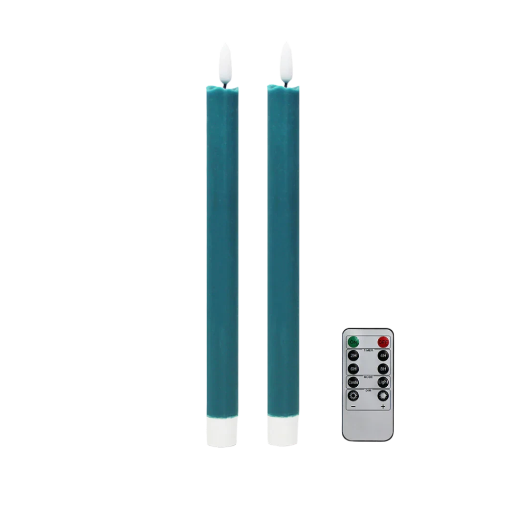 Pair of chambray LED battery-powered wax candles, color-matched with lacquered bobbin candlesticks, featuring a real wax exterior, remote control, and flicker mode for a soft twinkle.