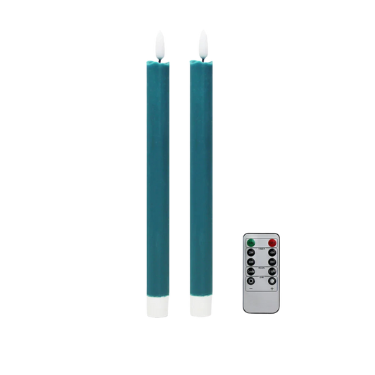 Pair of chambray LED battery-powered wax candles, color-matched with lacquered bobbin candlesticks, featuring a real wax exterior, remote control, and flicker mode for a soft twinkle.