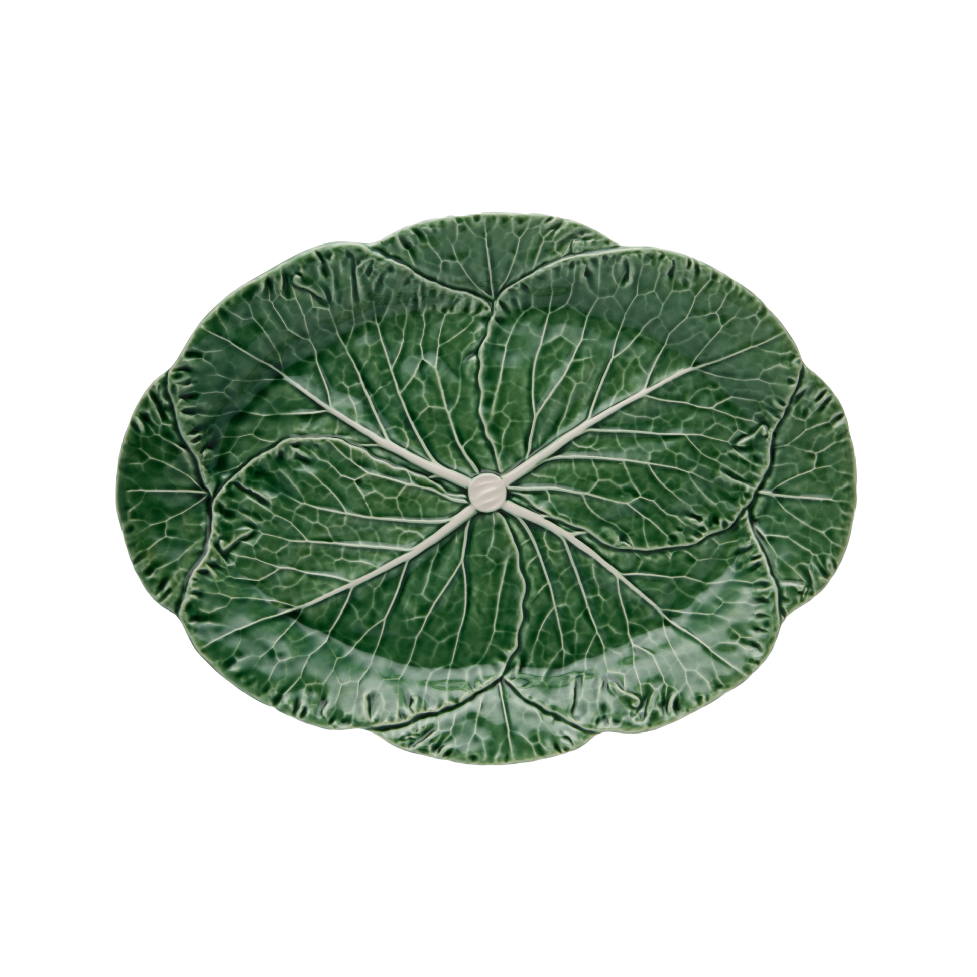 Large green earthenware Cabbage Oval Platter, designed in the shape of a cabbage. A stylish and functional serving platter that adds sophistication to any dining table.