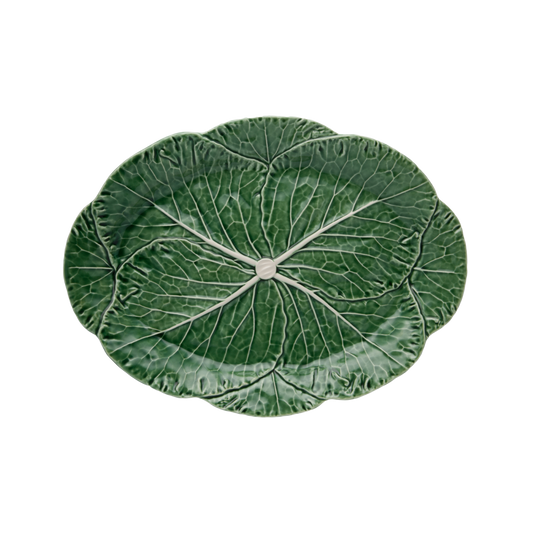 Large green earthenware Cabbage Oval Platter, designed in the shape of a cabbage. A stylish and functional serving platter that adds sophistication to any dining table.