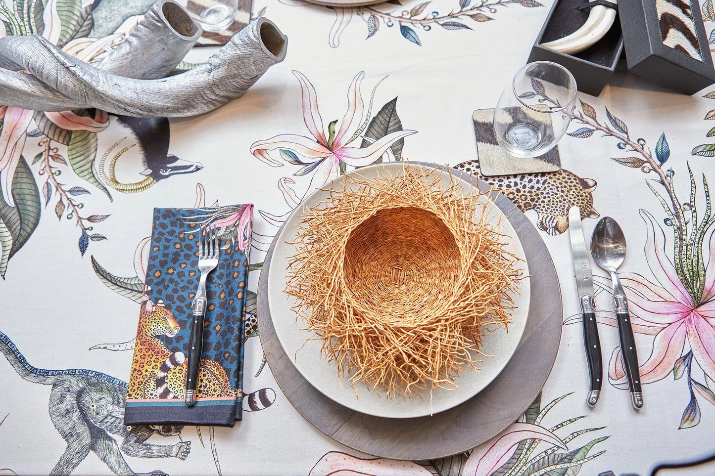 Leopard Lily Tablecloth in Safari Stone