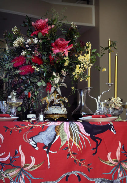 Leopard Lily Tablecloth in Royal Red