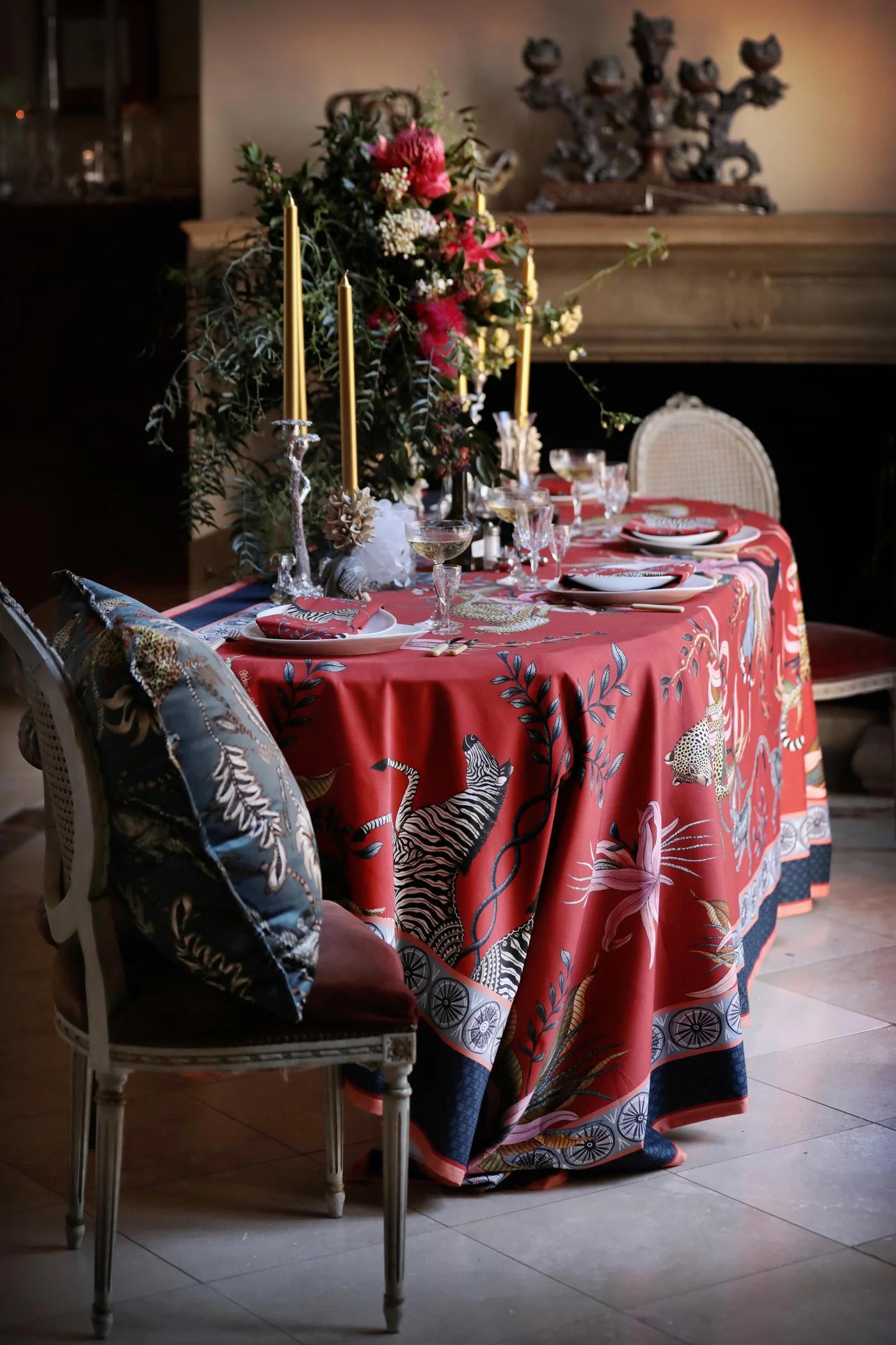 Leopard Lily Tablecloth in Royal Red