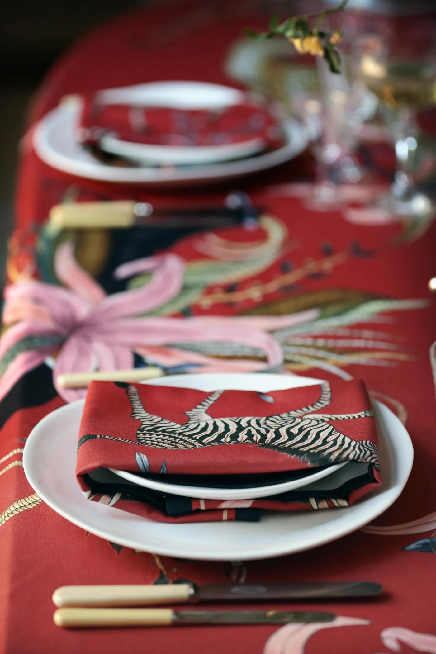 Leopard Lily Tablecloth in Royal Red