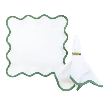 Linen Scalloped Square Napkin in Lily White with Pine Green Trim - Set of 4