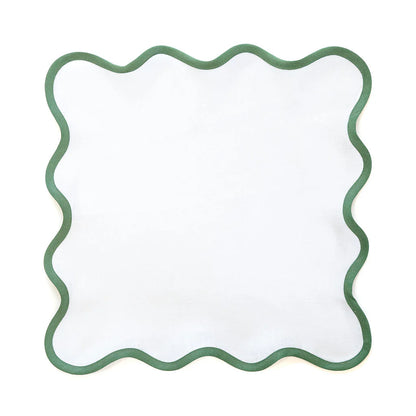 Linen Scalloped Square Napkin in Lily White with Pine Green Trim - Set of 4