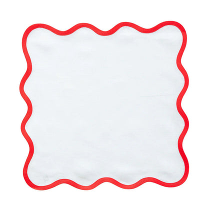 Linen Scalloped Square Napkin in Lily White with Rosebud Red Trim - Set of 4