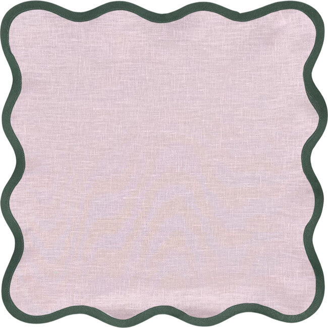 Linen Scalloped Square Napkin in Peony with Pine Green Trim - Set of 4