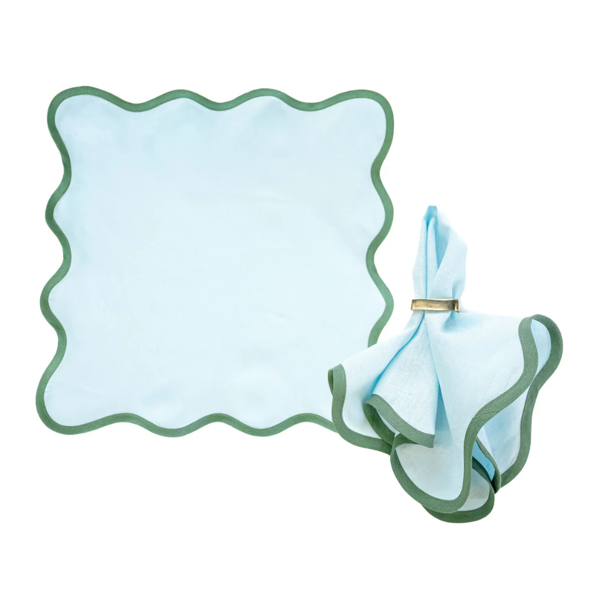 Linen Scalloped Square Napkin in Sky Blue with Pine Green Trim - Set of 4