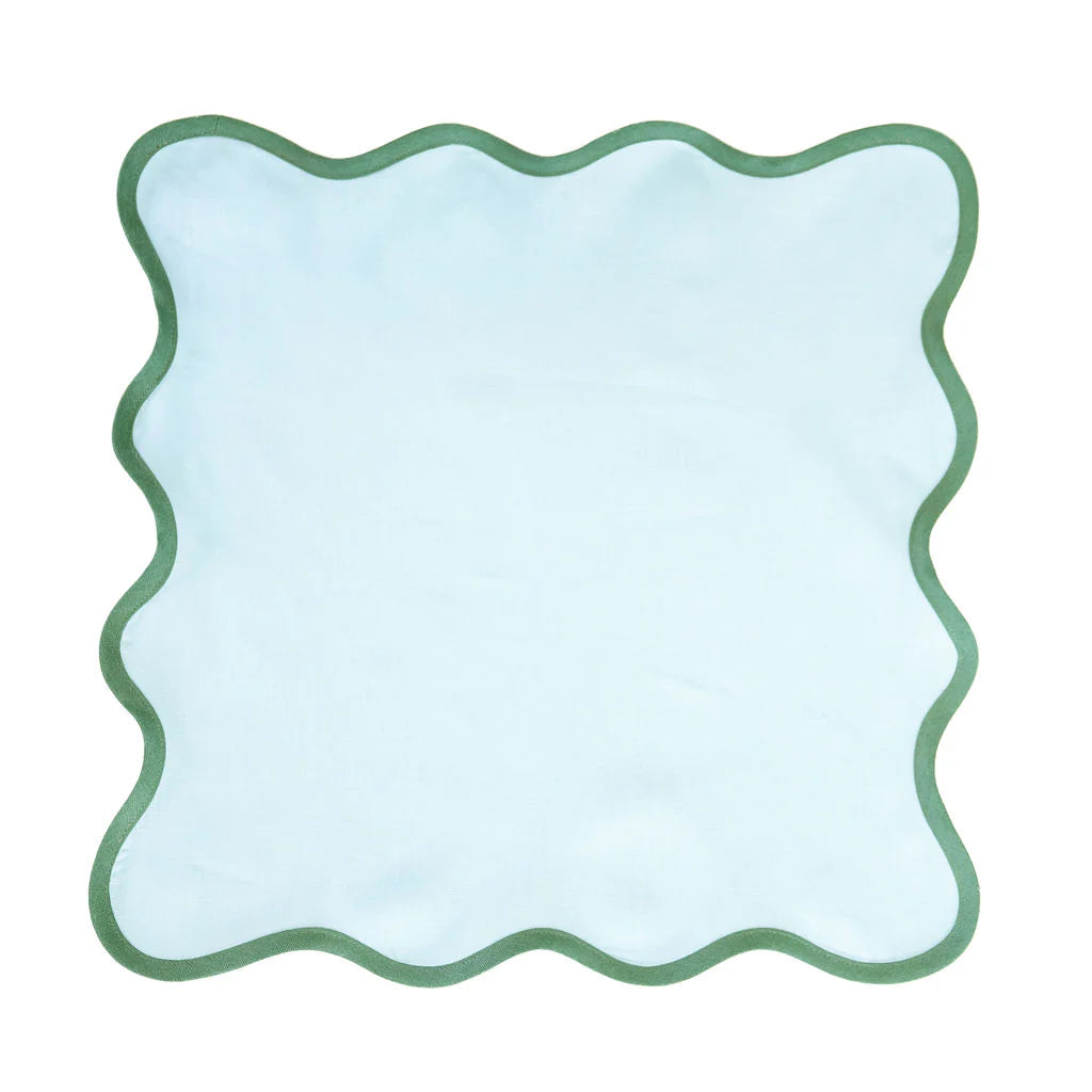 Linen Scalloped Square Napkin in Sky Blue with Pine Green Trim - Set of 4