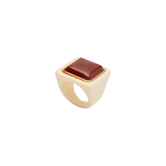 Ivory Resin Cushion Ring - Red Stone