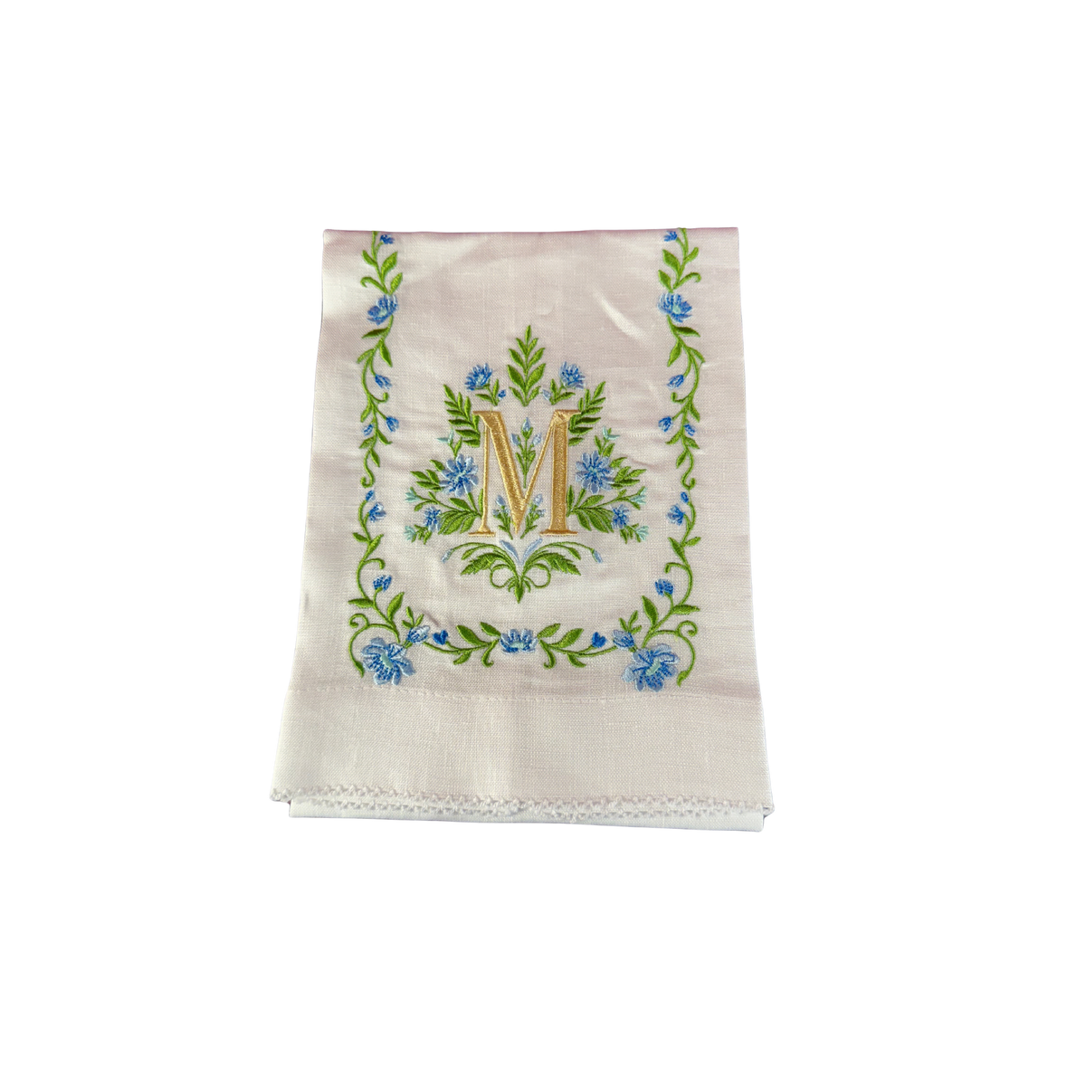 Floral Embroidered Monogram Linen Towel - Blue