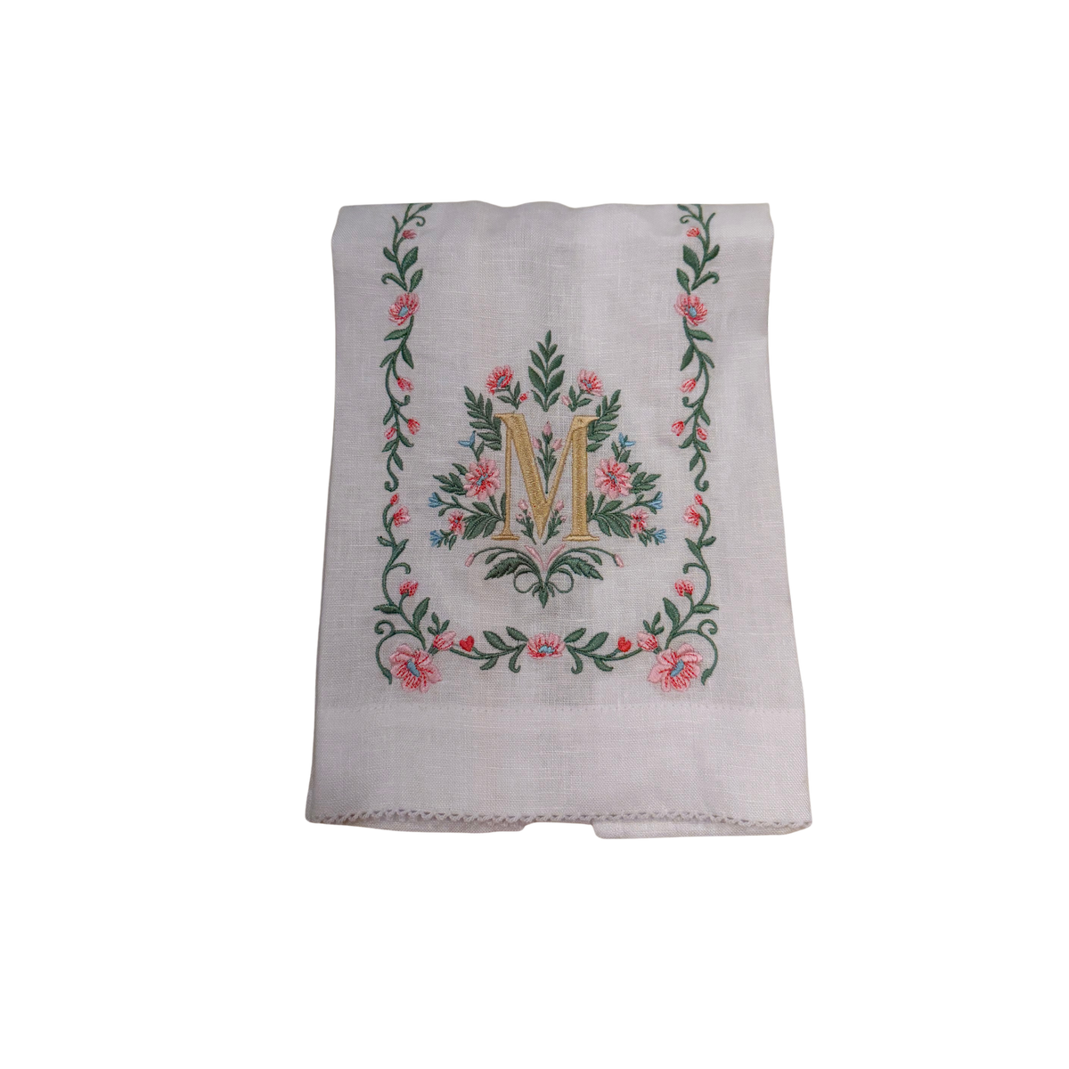 Floral Embroidered Monogram Linen Towel - Pink