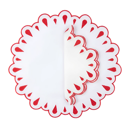 A set of 4 white linen placemats with red embroidery and scalloped edges, designed to enhance your table with a refined and elegant touch.