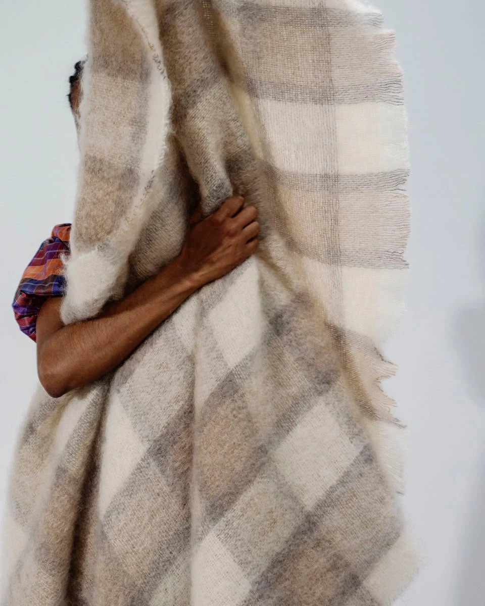 Plaid Drumin Mohair Throw Blanket - Fawn