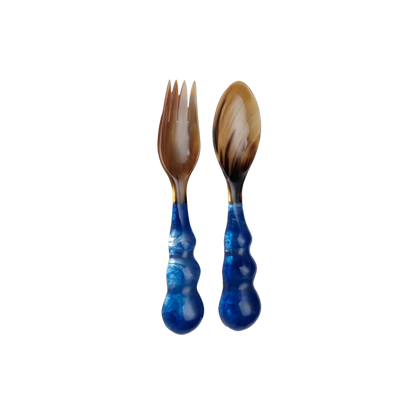 Set of Mardi Gras Servers in Navy, handcrafted and one-of-a-kind, made with polymer resin and natural horn. Perfect for adding a unique touch to your party table setting. Hand wash recommended.