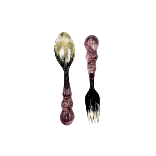 Set of Mardi Gras Servers in Plum, handcrafted from polymer resin and natural horn, adding artisanal elegance to your table setting.