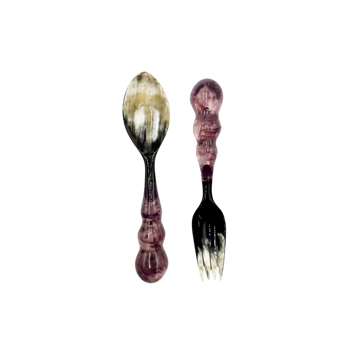 Set of Mardi Gras Servers in Plum, handcrafted from polymer resin and natural horn, adding artisanal elegance to your table setting.