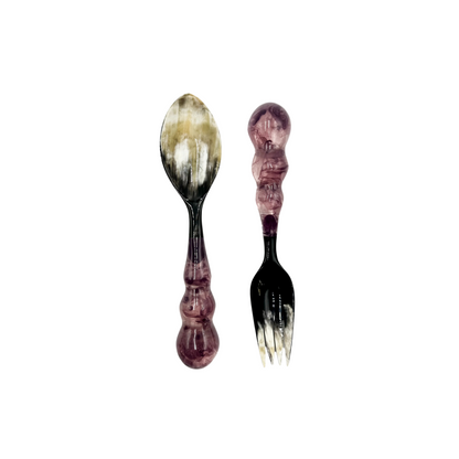 Set of Mardi Gras Servers in Plum, handcrafted from polymer resin and natural horn, adding artisanal elegance to your table setting.