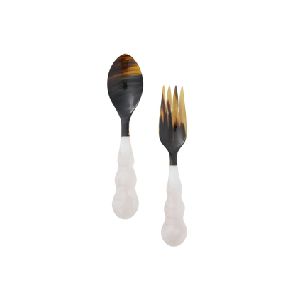 Set of Mardi Gras Servers in White, handcrafted and one-of-a-kind, made with polymer resin and natural horn. Perfect for adding a unique touch to your party table setting. Hand wash recommended.