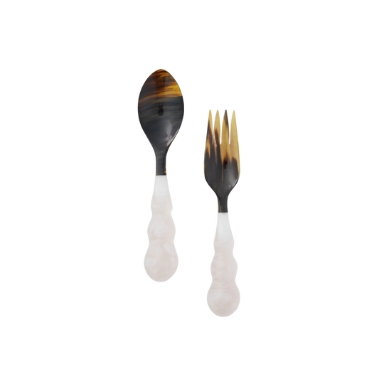 Set of Mardi Gras Servers in White, handcrafted and one-of-a-kind, made with polymer resin and natural horn. Perfect for adding a unique touch to your party table setting. Hand wash recommended.