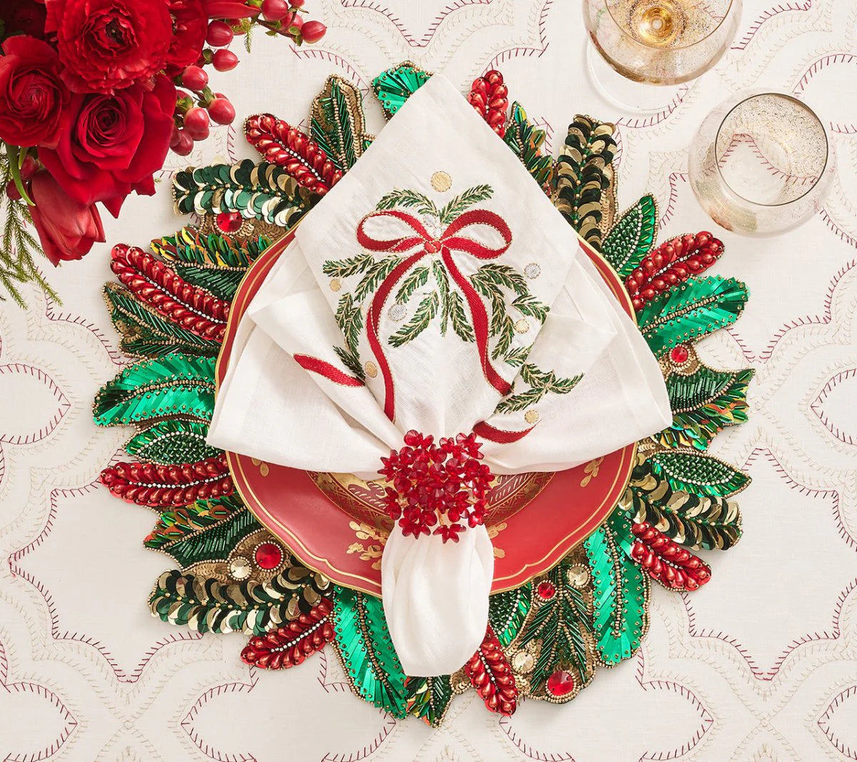 Merry and Bright Napkin in White, Red & Green - Set of 4