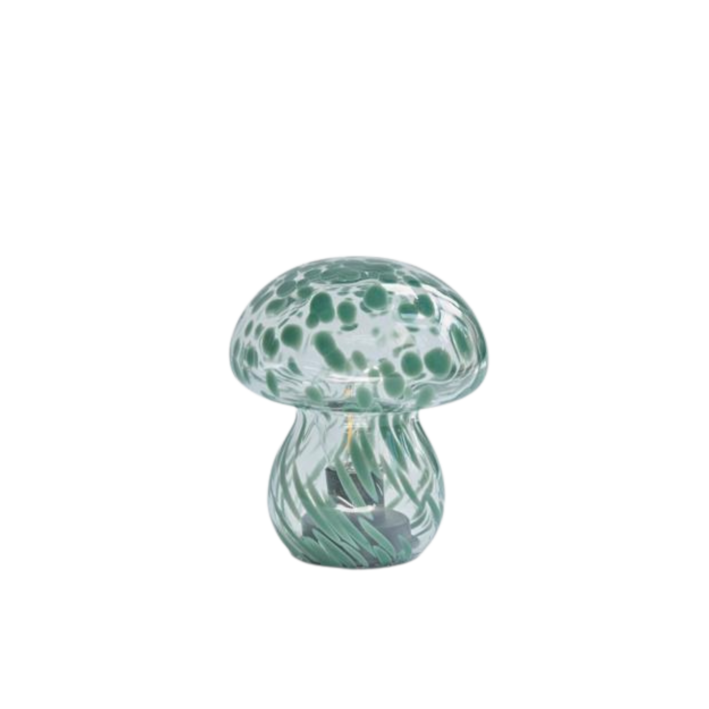 Cordless LED lamp with an earthy forest green glass mushroom design, ideal for lighting dark corners, coffee tables, or bedside tables. Sculptural and battery-operated for flexible styling options around the home.