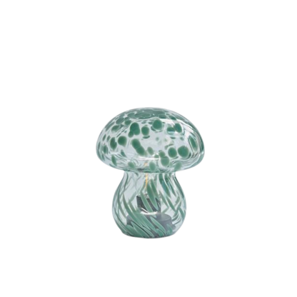 Cordless LED lamp with an earthy forest green glass mushroom design, ideal for lighting dark corners, coffee tables, or bedside tables. Sculptural and battery-operated for flexible styling options around the home.