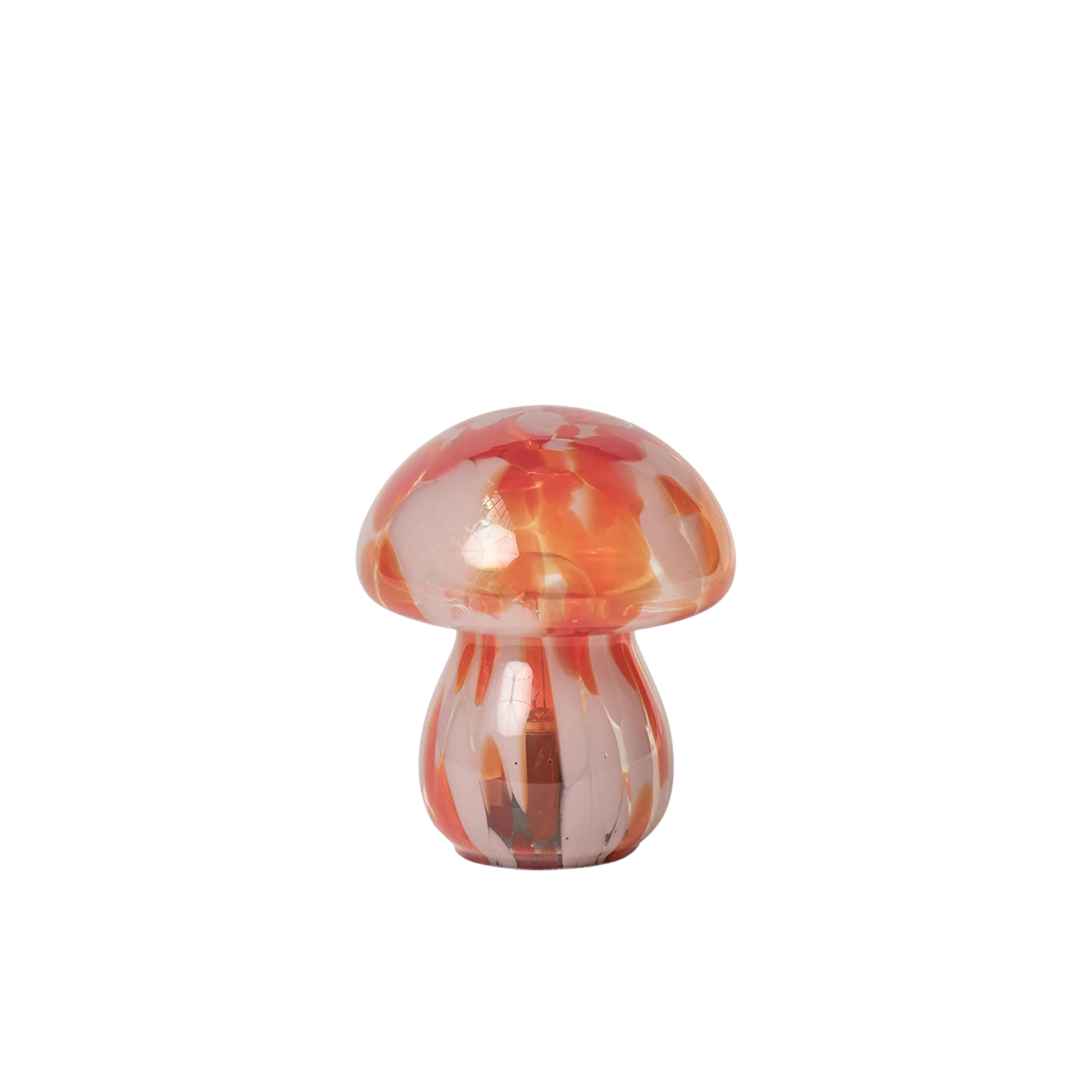 Cordless LED lamp with a marbled pink and orange glass mushroom design, ideal for lighting dark corners, coffee tables, or bedside tables. Sculptural and battery-operated for flexible styling options around the home.
