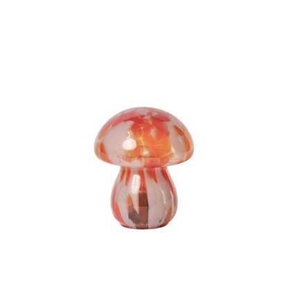 Cordless LED lamp with a marbled pink and orange glass mushroom design, ideal for lighting dark corners, coffee tables, or bedside tables. Sculptural and battery-operated for flexible styling options around the home.