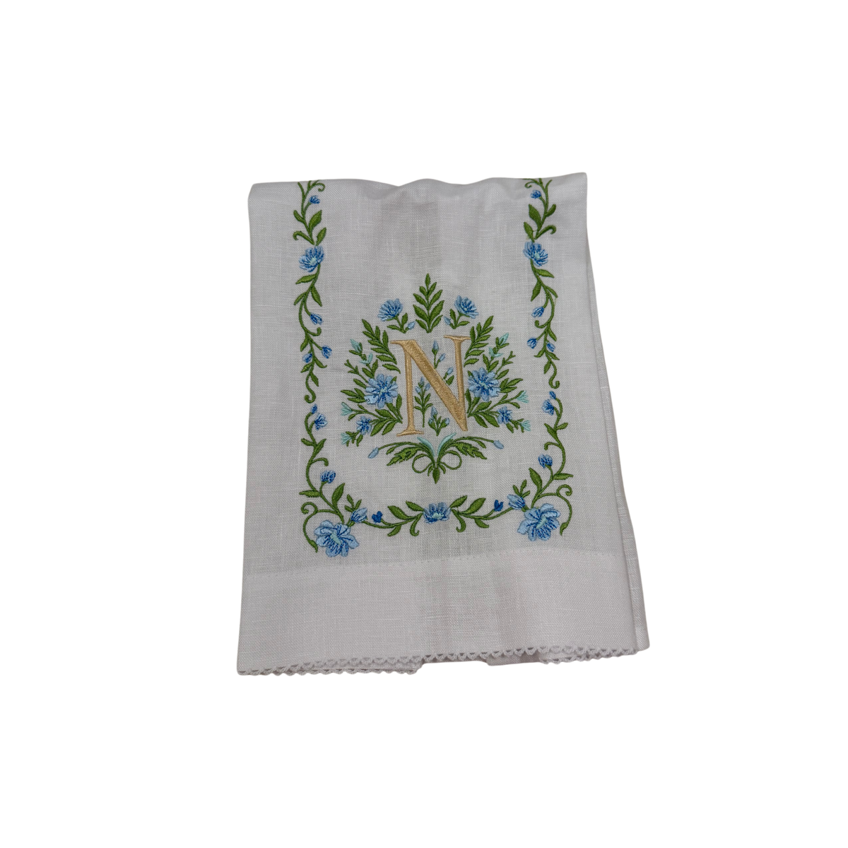 Floral Embroidered Monogram Linen Towel - Blue