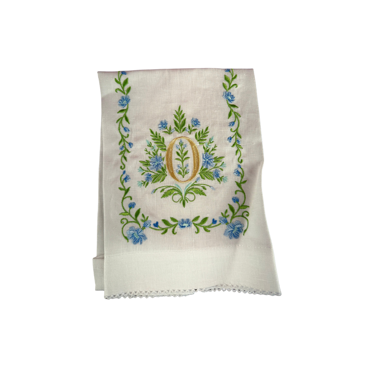 Floral Embroidered Monogram Linen Towel - Blue