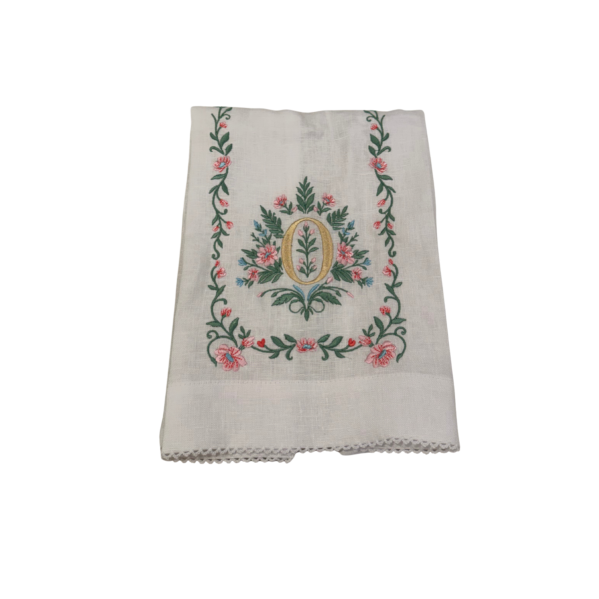 Floral Embroidered Monogram Linen Towel - Pink