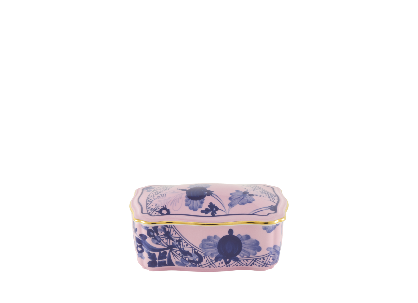 Azalea rectangular porcelain box with cover from the Oriente Italiano collection, featuring a blue carnation motif on azalea pink porcelain with hand-painted gold threading. Box measures 5.5 inches.