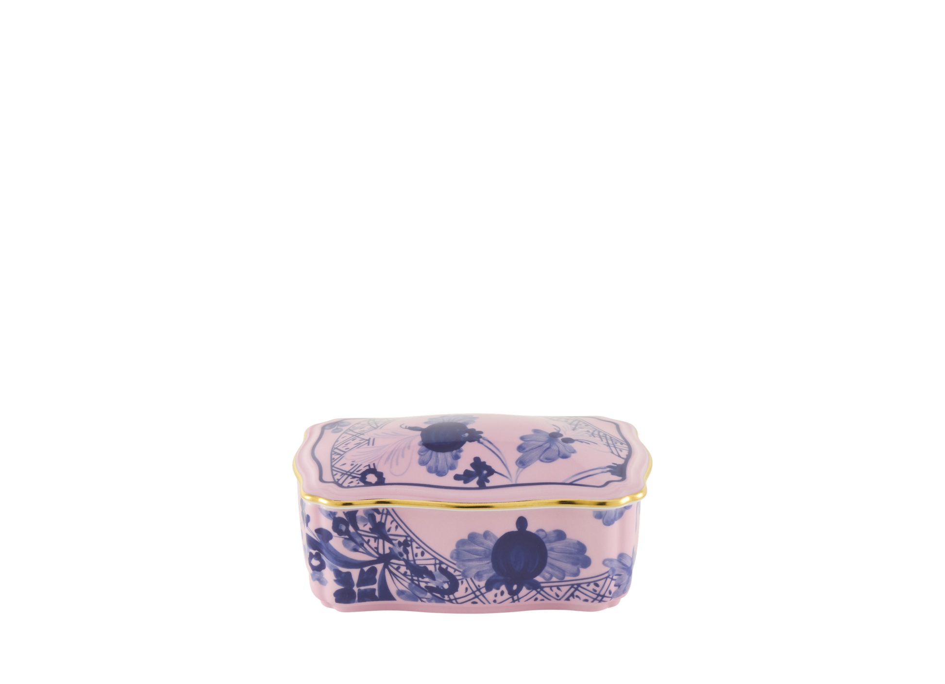 Azalea rectangular porcelain box with cover from the Oriente Italiano collection, featuring a blue carnation motif on azalea pink porcelain with hand-painted gold threading. Box measures 5.5 inches.