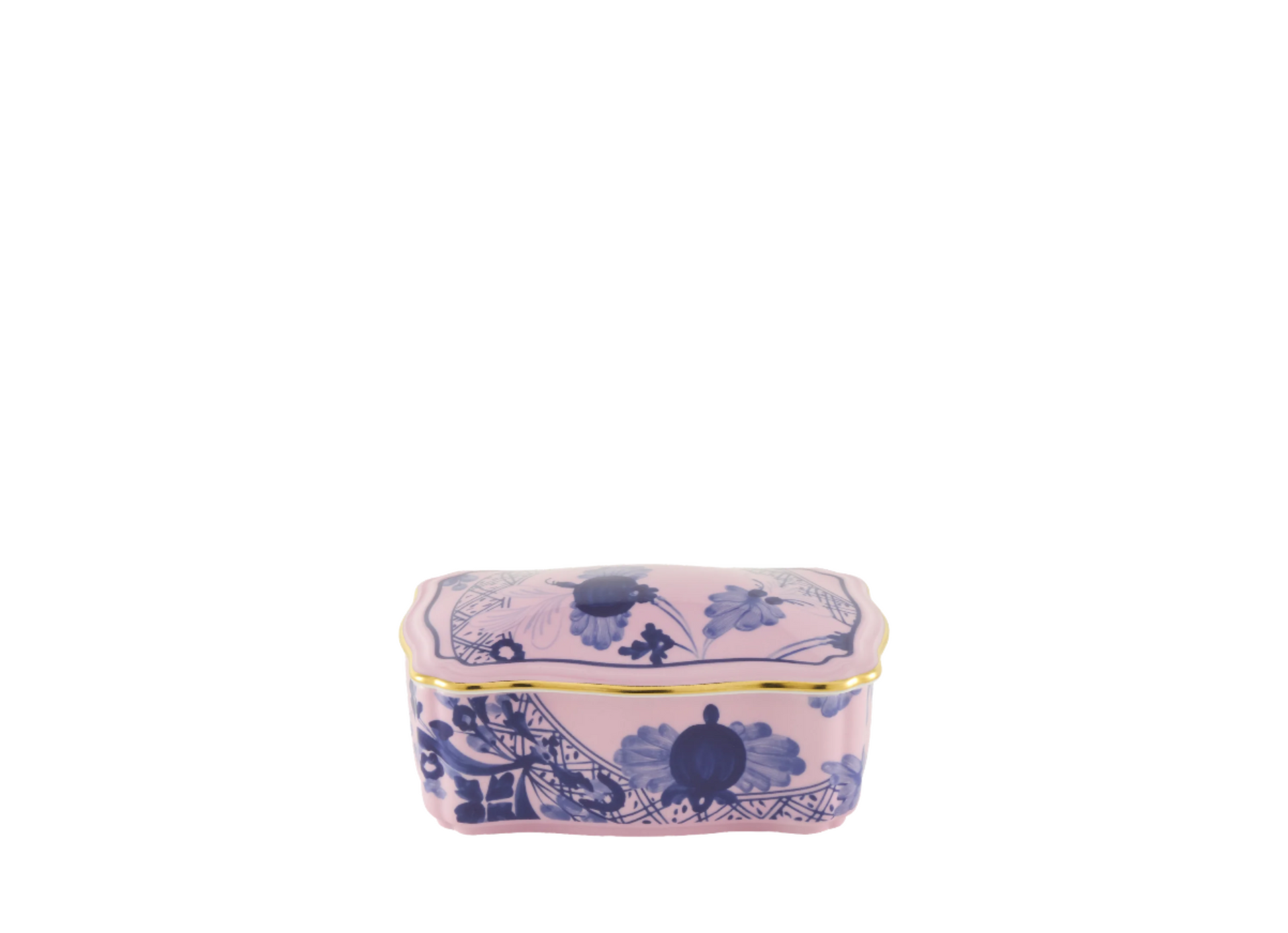 Azalea rectangular porcelain box with cover from the Oriente Italiano collection, featuring a blue carnation motif on azalea pink porcelain with hand-painted gold threading. Box measures 5.5 inches.