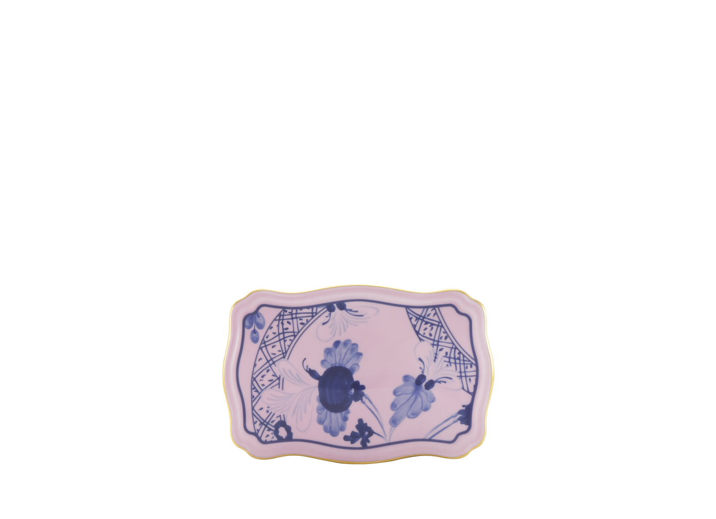 Azalea rectangular porcelain box with cover from the Oriente Italiano collection, featuring a blue carnation motif on azalea pink porcelain with hand-painted gold threading. Box measures 5.5 inches.