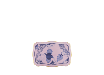 Azalea rectangular porcelain box with cover from the Oriente Italiano collection, featuring a blue carnation motif on azalea pink porcelain with hand-painted gold threading. Box measures 5.5 inches.