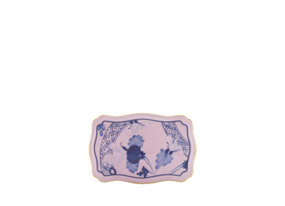 Azalea rectangular porcelain box with cover from the Oriente Italiano collection, featuring a blue carnation motif on azalea pink porcelain with hand-painted gold threading. Box measures 5.5 inches.