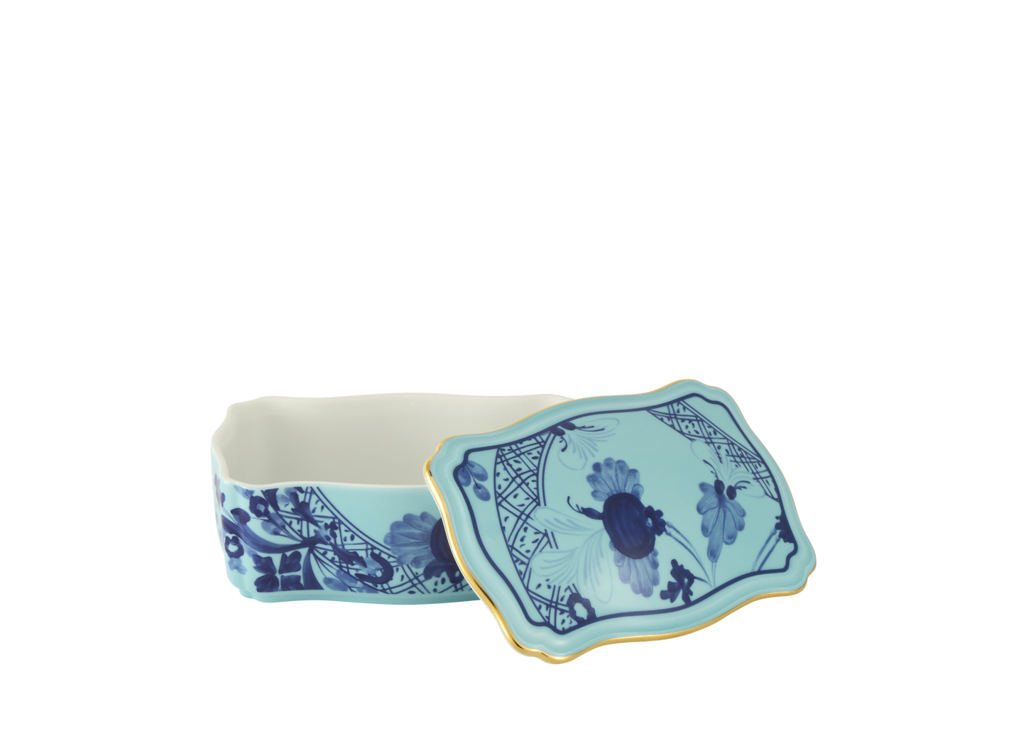 Iris rectangular porcelain box with cover from the Oriente Italiano collection, featuring a blue carnation motif on iris blue porcelain with hand-painted gold threading. Box measures 5.5 inches.